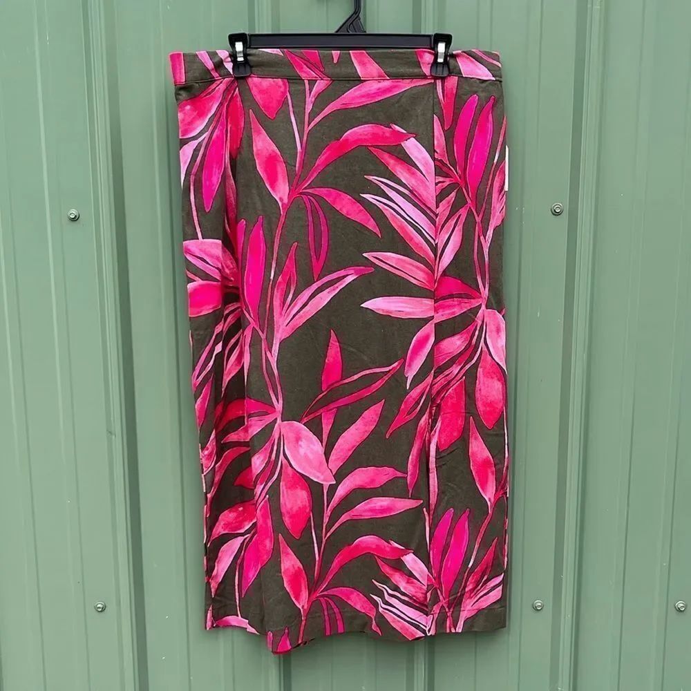 Women's Hawaiian Tropical Print Linen-Blend Slip Skirt with Side Slit, Size XL